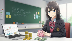 金融リテラシーを学ぶ女子高生の画像