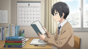 期末テストで自己ベストを狙う男子中学生の画像。