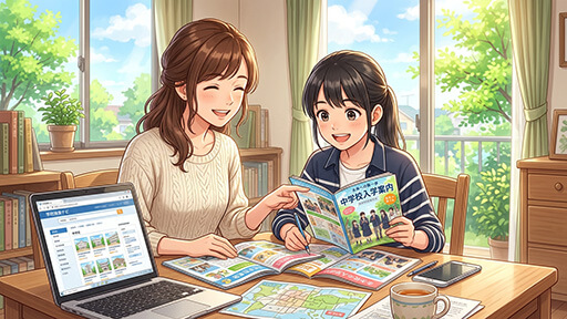 私立中学校選びをする女子小学生とその母親