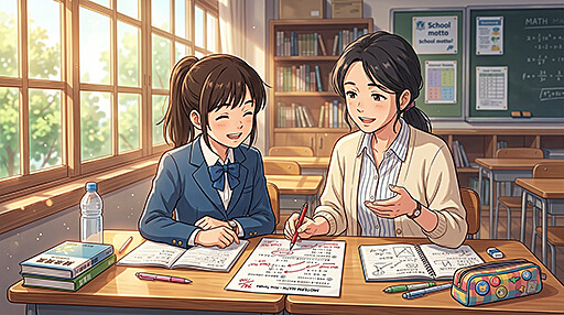 中間テストの見直しを直ぐする女子中学生と先生