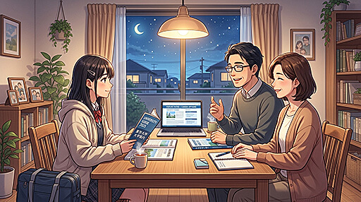 文理の選択をする高校2年生の女子高校生とその両親