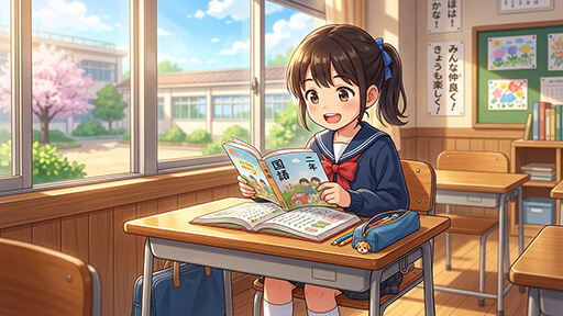 音読や黙読をする、女子小学生の画像