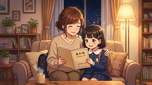1学期の通知表を見る女子小学生とその母親の画像