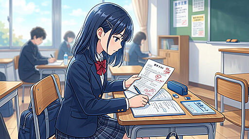期末テストの見直しを直ぐ行う女子中学生の画像