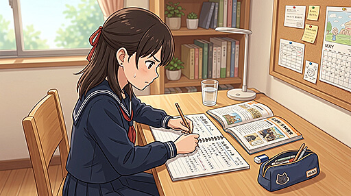 社会の記述問題で差をつける事を意識している女子中学生の画像