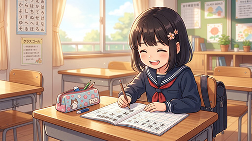 漢字練習をする女子小学生の画像