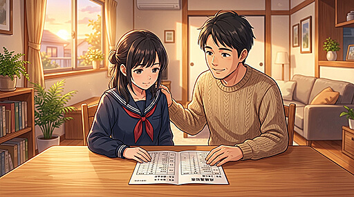 1学期の振り返りで差をつける為に父親に相談する女子中学生の画像