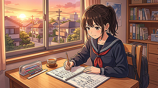 夏休みのスケジュールを組み立てる女子中学生の画像