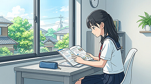 英語長文の多読トレーニングをしている女子中学生の画像