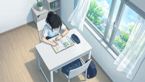 涼しい環境でお勉強をする女子小学生の画像