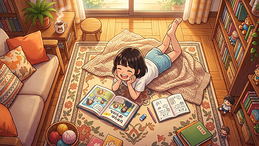 夏休みの読書感想文を先取りして準備する女子小学生の画像