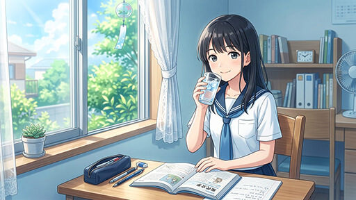 夏バテ防止の為に水分補給をする女子高生の画像