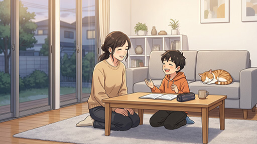 母親と小学生の息子がリビングで勉強する様子の画像