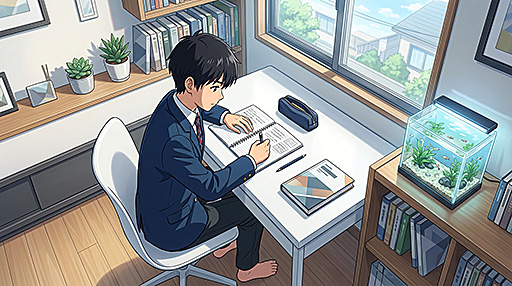 2学期から内申を上げるために勉強をする男子中学生の画像