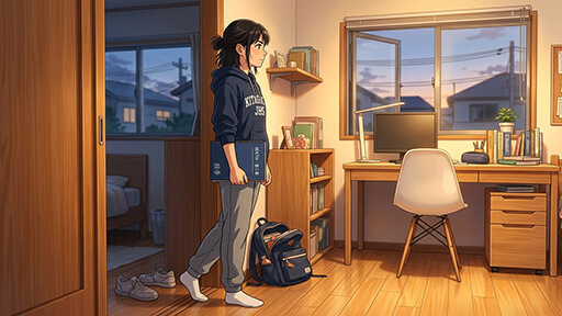 部活から帰って来て、復習に取り組もうとしている女子中学生の画像