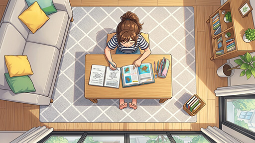 自由研究のテーマを考える女子小学生の画像