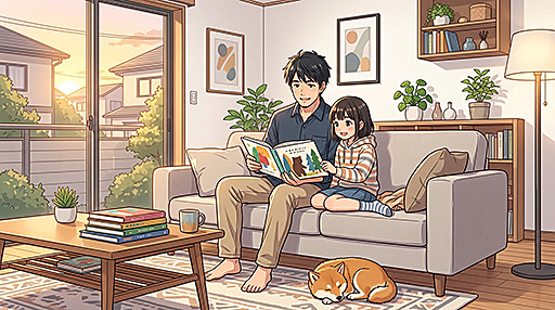 父親と娘(女子小学生)が一緒に読書をしている画像