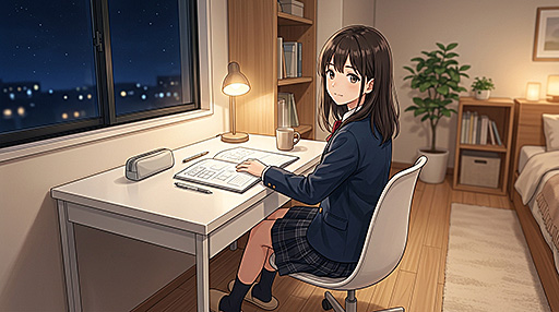 外部模試の見直しをする女子中学生の画像
