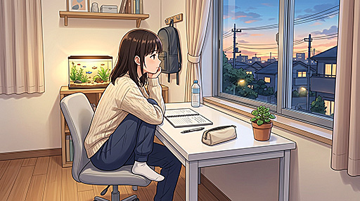 外を見ながら思いにふける女子高生の画像