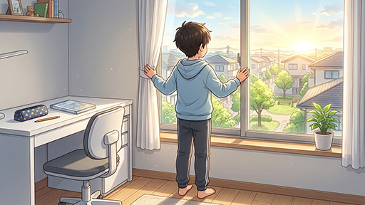 家の窓から外を眺める男子小学生の画像