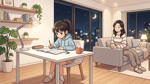 リビングで母親に見守られながら勉強する女子小学生の画像