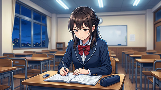 放課後に残って教室で勉強をする女子高生の画像