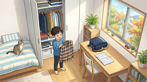 自室で着替えを探す、男子小学生の画像