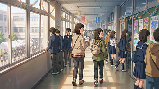 母親と一緒に高校の文化祭に参加する女子中学生の画像