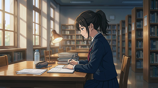学校の図書室で勉強をする女子高生の画像