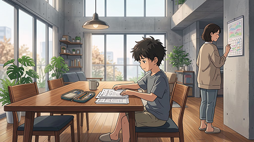 リビングで勉強をする男子小学生の画像