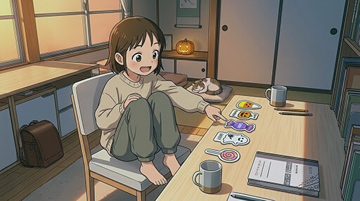 ハロウィンの飾り付けの準備をする女子小学生の画像