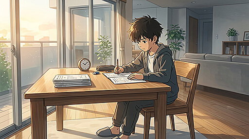 リビングで問題を解く男子小学生の画像