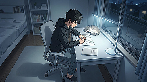 夜に机に向かって勉強をする男子高校生の画像
