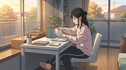 学校への提出物をまとめている女子中学生の画像