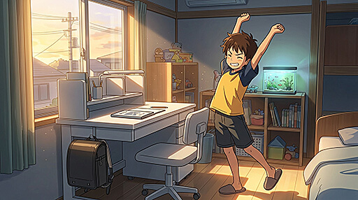 室内で背伸びをする男子小学生の画像