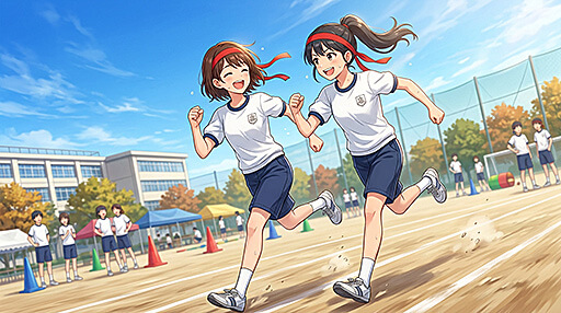 体育祭の対抗リレーで走る女子中学生たちの画像