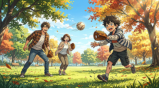 両親とキャッチボールをする男子小学生の画像