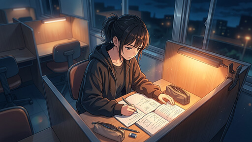 塾の自習室で勉強する女子中学生の画像