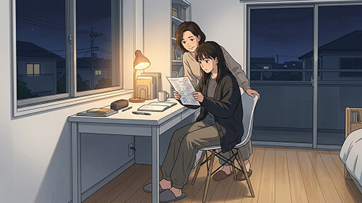 テスト結果を一緒に見る母親と女子高生の画像