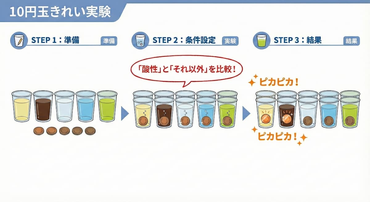 10円玉をレモン汁、醤油、洗剤などの異なる液体に浸し、汚れの落ち方を比較する対照実験の3ステップ図解。酸性の液体で酸化銅が還元され、ピカピカになる結果を示している。