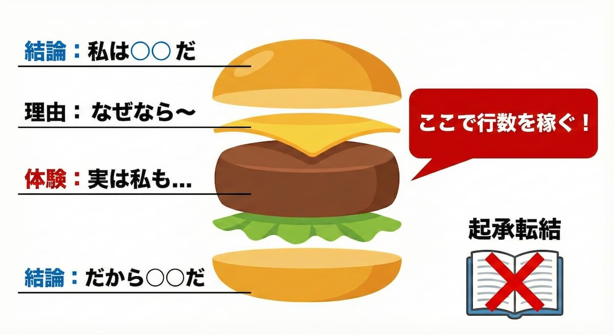 作文の「サンドイッチ型構成（PREP法）」の図解。結論（パン）で理由と体験（具材）を挟む構造を示し、体験談で文字数を稼ぐことを強調。起承転結との対比・置換を表現。