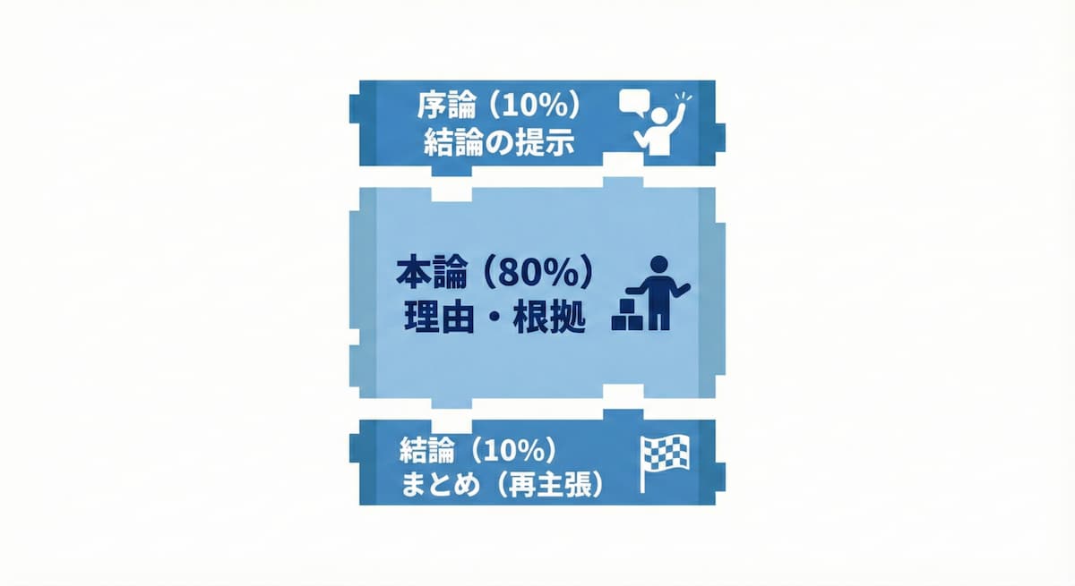 合格小論文の構成比率を示す「3つの箱」の図解。序論10%、本論80%、結論10%の配分で構成され、それぞれの役割（結論提示、理由説明、まとめ）が因果関係を持って積み重なっている様子。