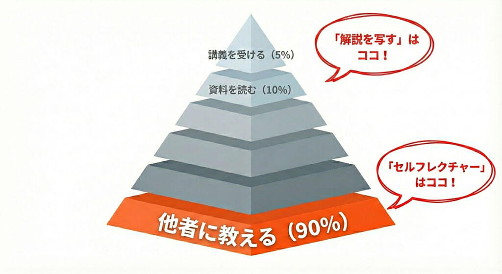 学習定着率を示すラーニングピラミッドの図。講義や読書などの受動的学習は定着率が低い一方、他者に教える能動的学習は90%と高い定着率であることを示している。