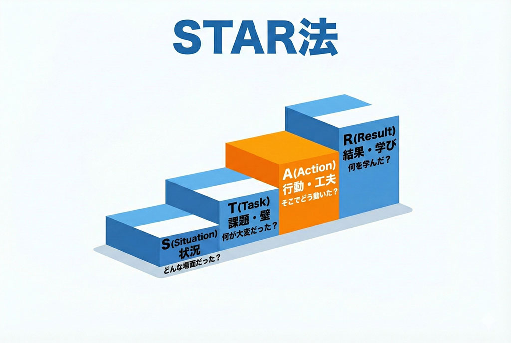 面接の自己PR作成フレームワーク「STAR法」の図解。4つのステップ（S：状況、T：課題、A：行動、R：結果）を示し、平凡なエピソードを論理的で説得力のあるストーリーに変換するプロセスを説明。