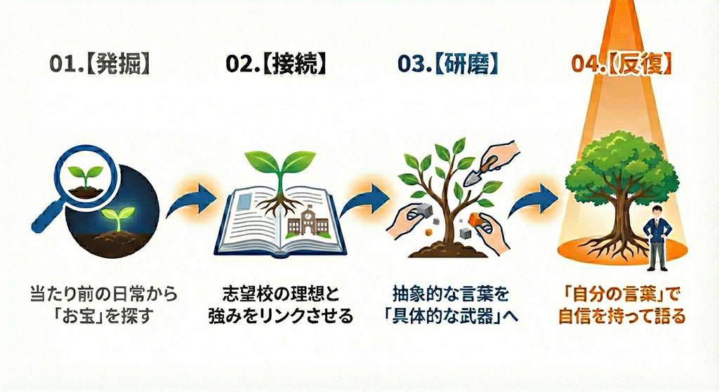自己PRカード作成フロー図。生徒の『原体験』を『発掘』し、志望校の『求める生徒像』へ『結びつける』。その後、言葉を『研磨』して具体性を高め、模擬面接を『反復』することで、内申点の不足を補う『自己表現力』へと昇華させる論理的プロセスを示した図。