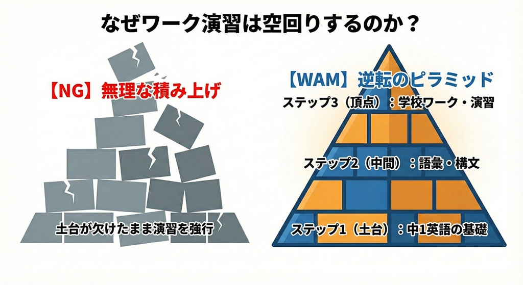 中学英語の学習順序を示すピラミッド図解。左側は『中1英語の基礎欠落』により演習が崩れる様子を、右側は『さかのぼり学習』で土台を固め、その上に演習を積むことで『新学習指導要領』の難化に対応するWAMの論理構造を示している。