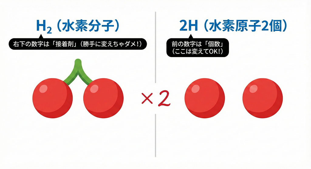 水素分子(H2)は原子が結合しているが、水素原子2個(2H)は離れていることを示すモデル図。