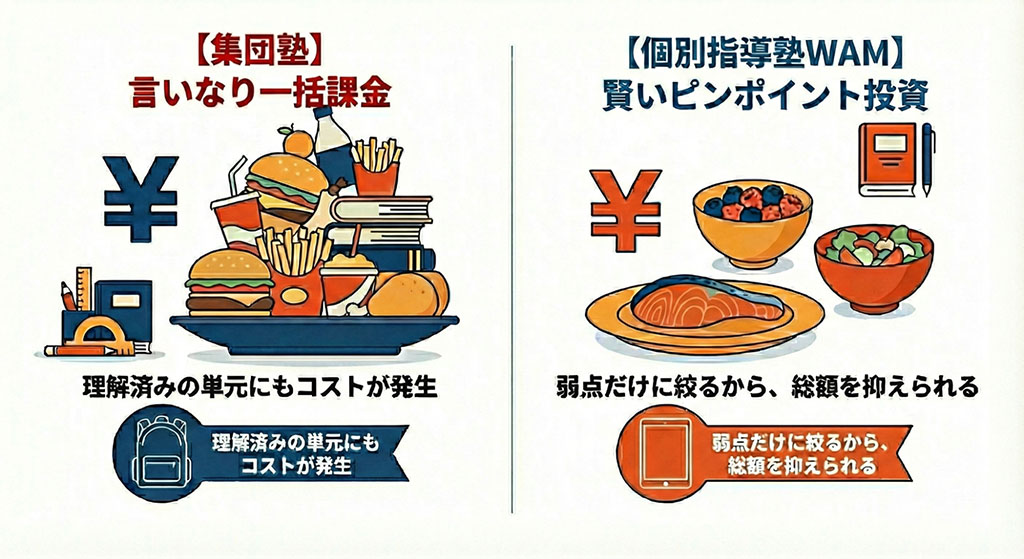 「集団塾の一括受講と個別指導WAMの弱点特化型カリキュラムのコスト構造比較図。画一的なセット料金による過剰投資（無駄）と、必要な単元にのみ投資する戦略的コスト抑制（原因と結果）の論理関係を示している。