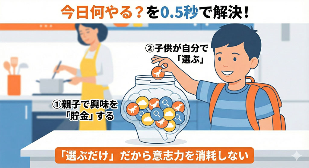 小学生の自主学習を自ら学ぶ習慣にさせる『自学ネタバンク』の仕組み図。興味をあらかじめ可視化・ストックしておくことで、毎日のテーマ選びに伴う『ウィルパワー（意志力）』の浪費を防ぎ、親の指示なしで学習を開始できる論理関係を示したインフォグラフィック。
