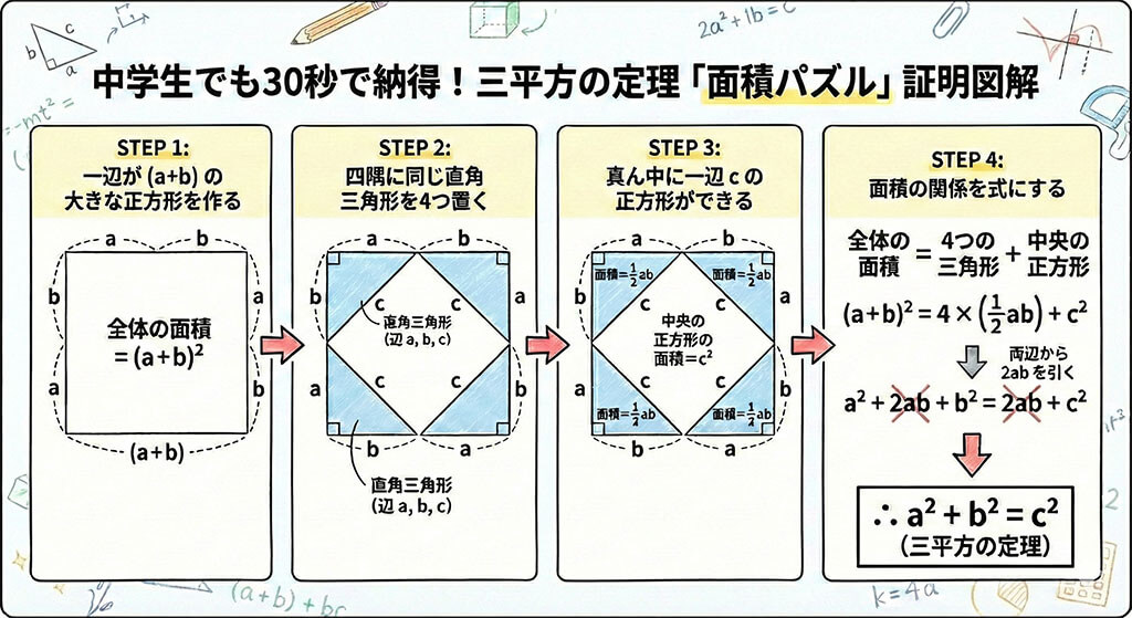 三平方の定理の面積パズル式証明。一辺が(a+b)の正方形を全体の枠とし、4枚の直角三角形(合同条件を満たすパーツ)と中央の正方形 c2の合計面積が等しいことを示す論理構造図。